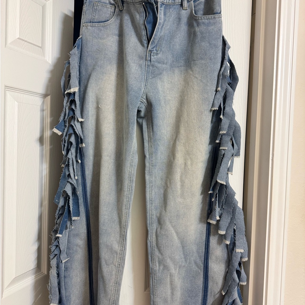 Stylish Blue Fringed Women's Jeans